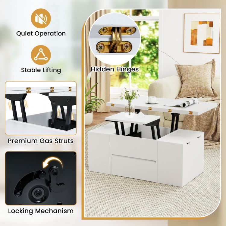 Expandable lift top coffee table in white with hidden hinges, gas struts, and storage for 4-8 people.