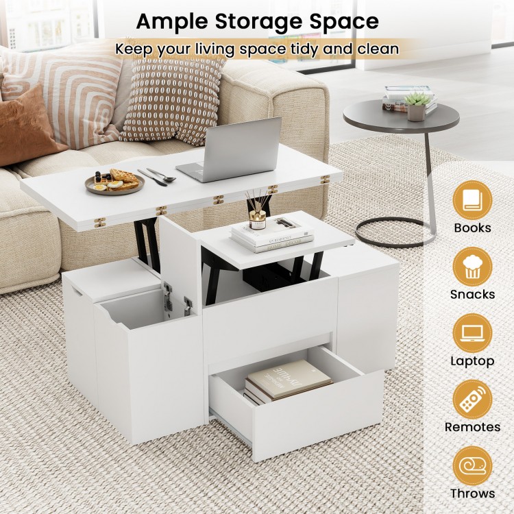 Expandable lift top coffee table in white with hidden storage, ideal for books, snacks, and laptops in a tidy living.