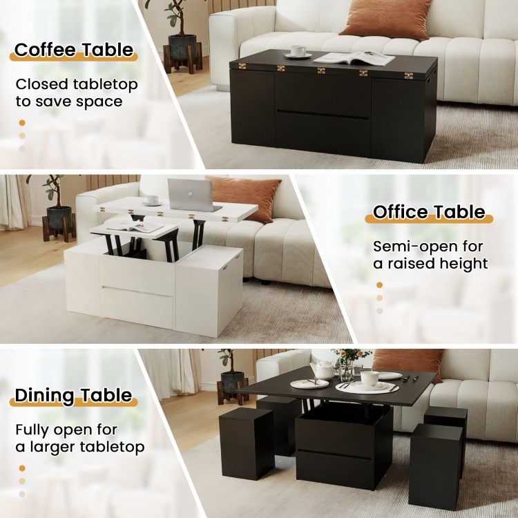 3-in-1 expandable lift top coffee table in white, shown fully open for dining, with hidden storage and four stools.
