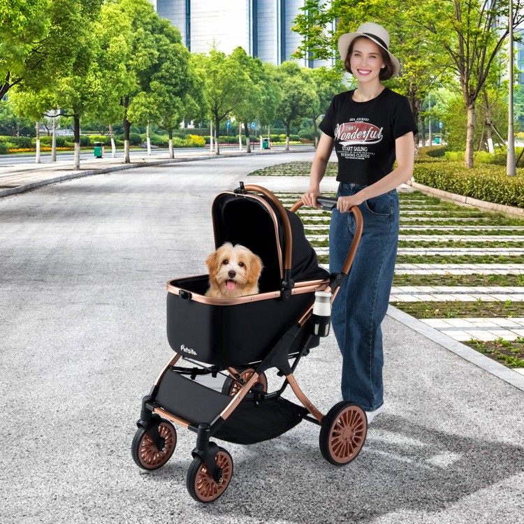 3-in-1 foldable pet stroller in black with sun shade, safety belt, and a cozy interior for small to medium dogs.