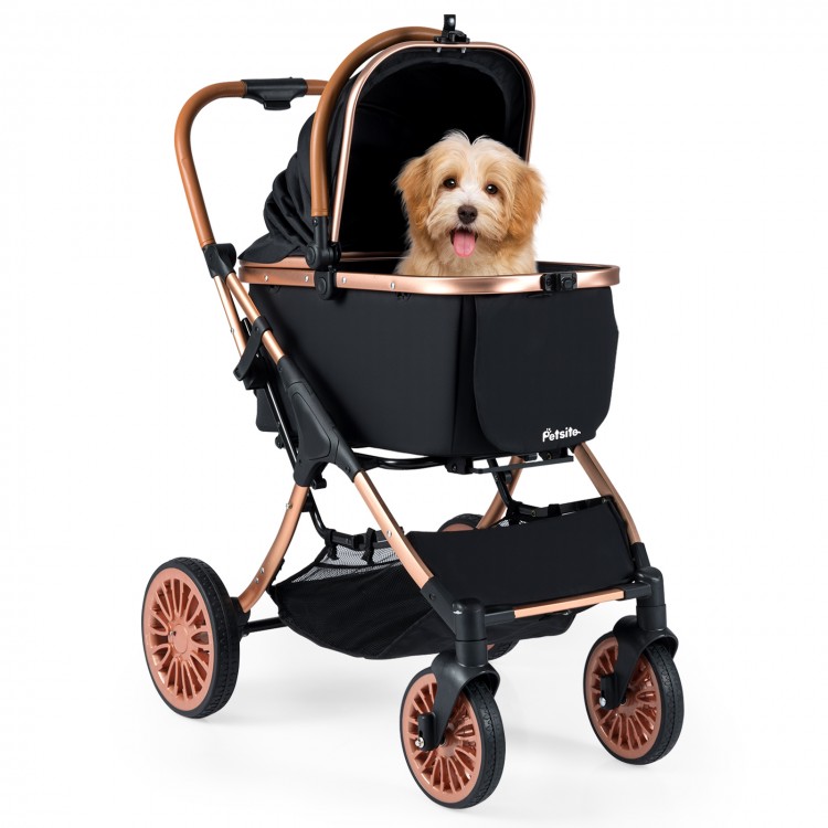 Foldable pet stroller in black with sun shade, safety belt, and a small dog inside, suitable for up to 55 lbs pets.