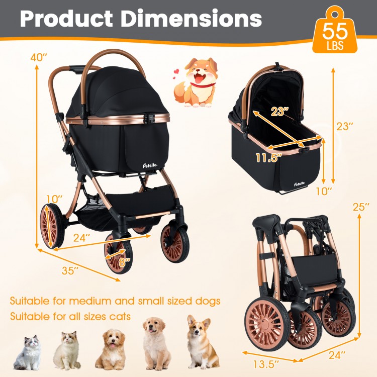 3-in-1 foldable pet stroller in black with sun shade, suitable for pets up to 55 lbs, shown with dimensions and.
