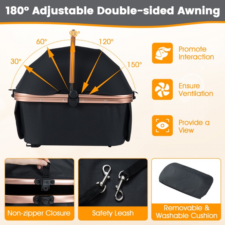 3-in-1 foldable pet stroller with 180° adjustable double-sided awning, safety leash, and removable cushion for small.