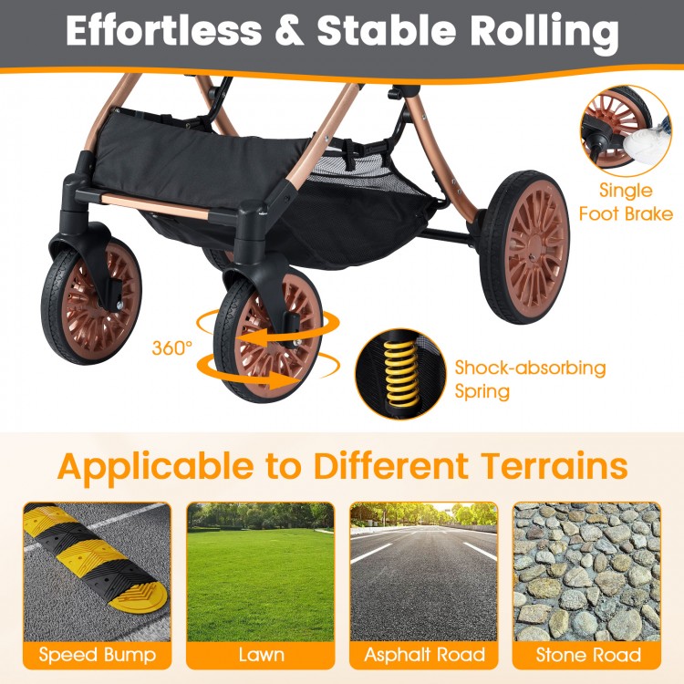 Close-up of the 3-in-1 foldable pet stroller's wheels, showcasing shock-absorbing springs for stable rolling on various.