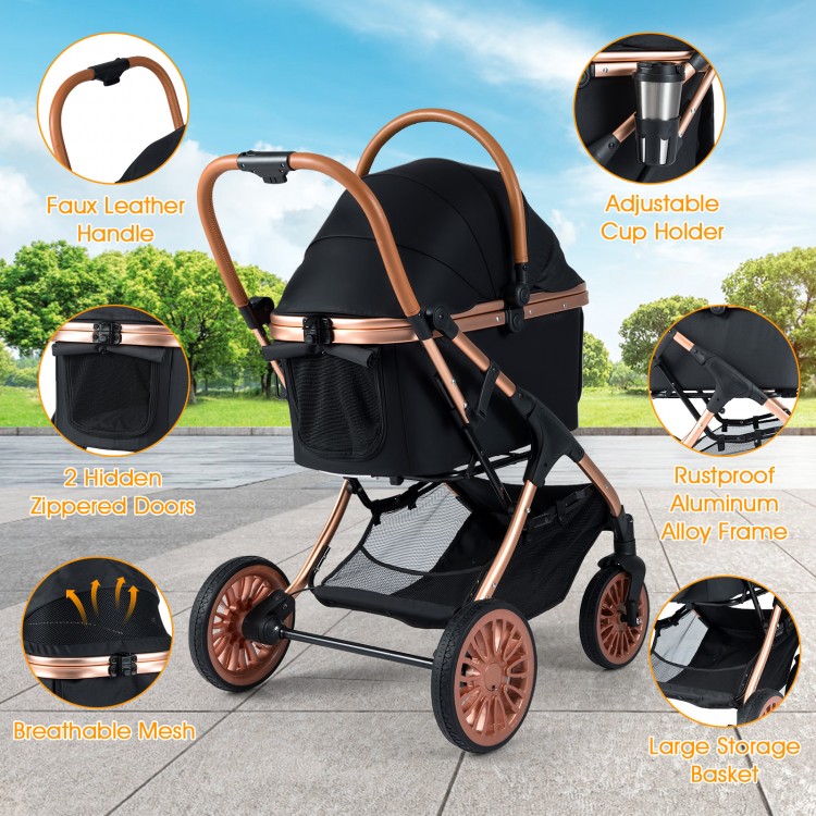 Foldable pet stroller in black with rustproof aluminum frame, adjustable sun shade, and large storage basket for small.