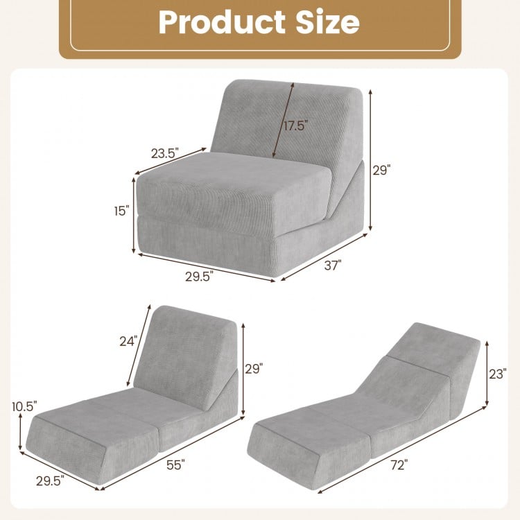 3-in-1 folding sofa bed in gray with dimensions shown, featuring a washable zippered cover and thick sponge fillings.