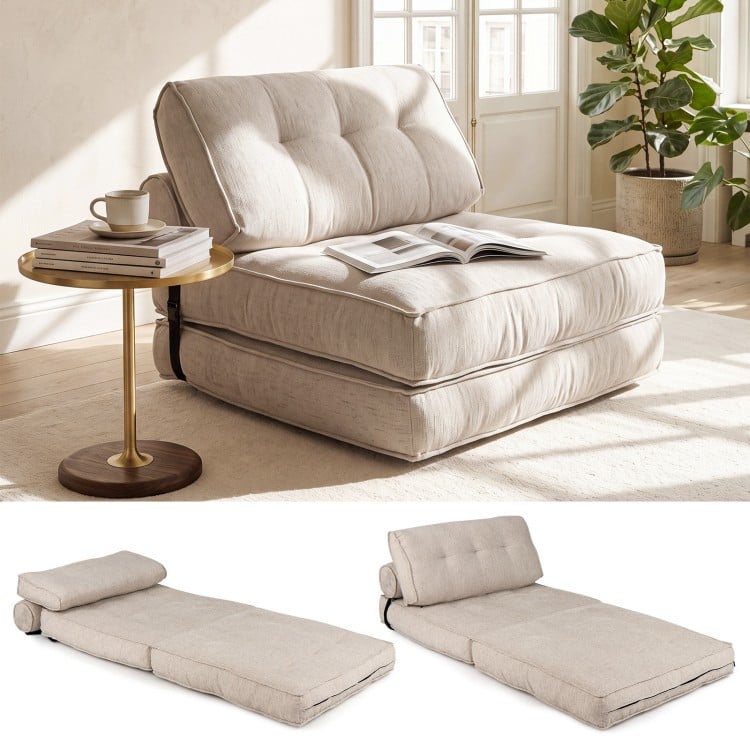 Beige 3-in-1 folding sofa with bolster, convertible to lounger or bed, ideal for living rooms and guest rooms.