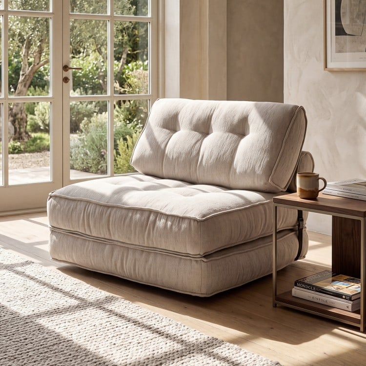 Beige 3-in-1 folding sofa with bolster, convertible to lounger or bed, perfect for living rooms and guest rooms.