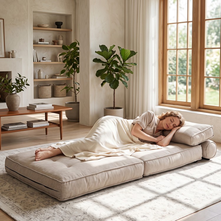 3-in-1 folding sofa in beige, shown as a bed with a bolster and pillow, perfect for living rooms or guest rooms.