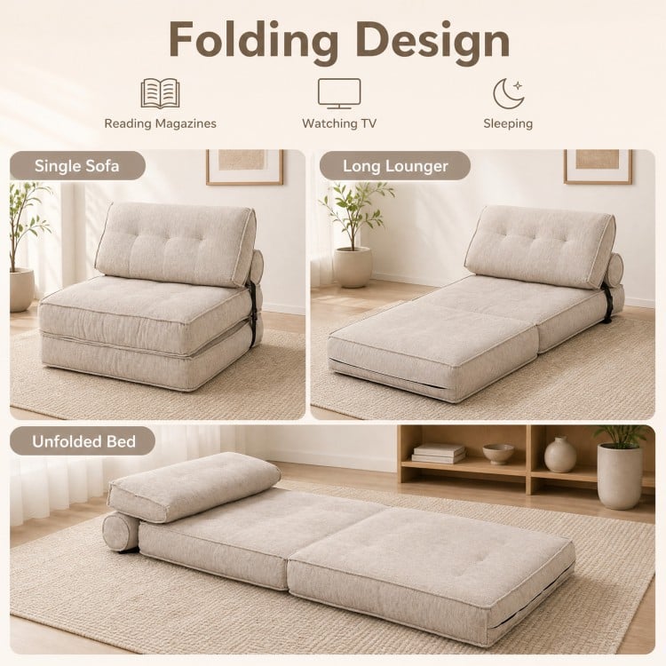 3-in-1 folding sofa in beige converts to a lounger or bed, featuring premium sponge filling and a zippered bolster for comfort.