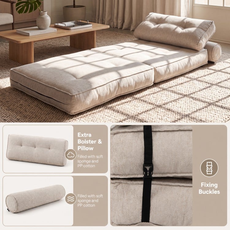 3-in-1 folding sofa in beige, convertible to a bed, featuring a bolster, pillow, and fixing buckles for versatile comfort.