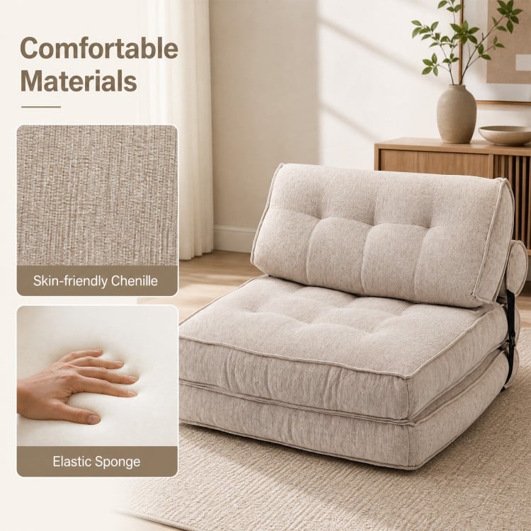 3-in-1 folding sofa in beige features a soft sponge filling, zippered bolster, and anti-slip bottom for versatile comfort.