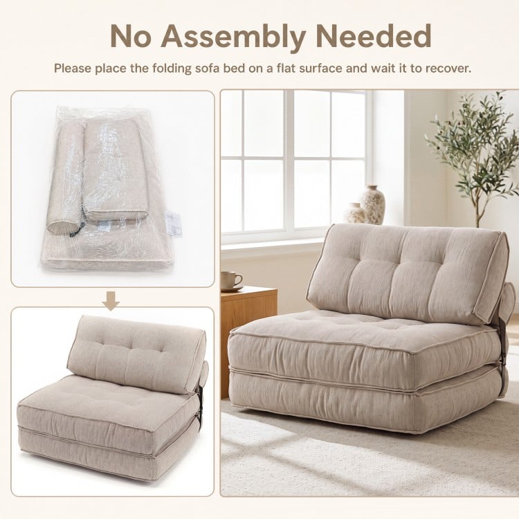 Folding sofa bed in beige, featuring a 3-in-1 design with bolster, perfect for living rooms and guest rooms.