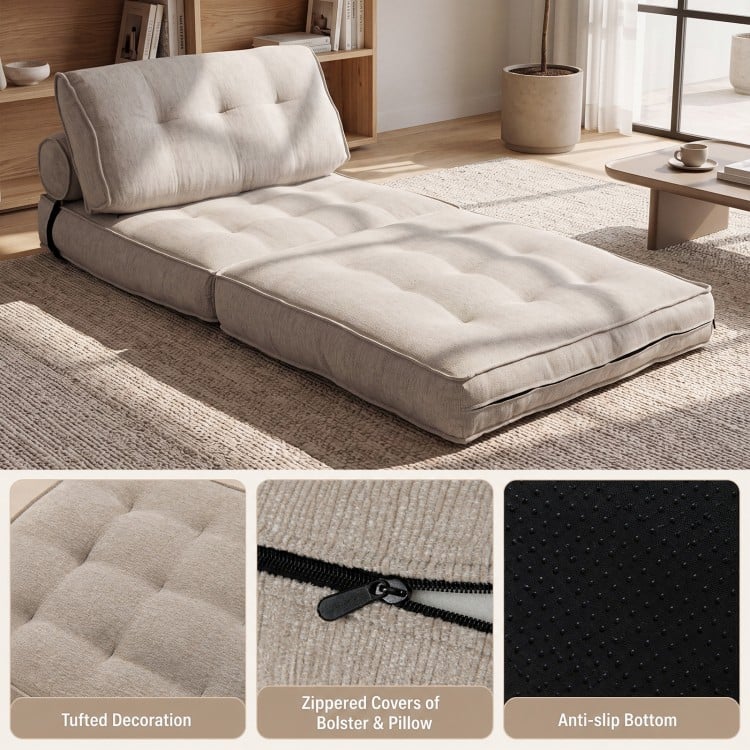 Folding sofa bed in beige features tufted decoration, zippered covers, and an anti-slip bottom for versatile comfort.