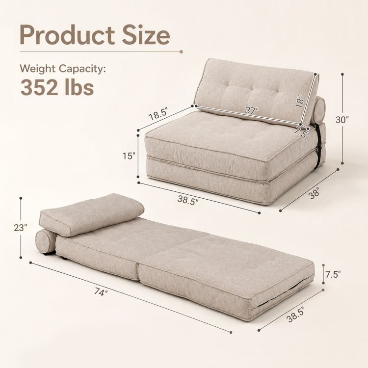 3-in-1 folding sofa in beige converts to a bed, featuring a bolster, zippered cover, and anti-slip bottom for safety.