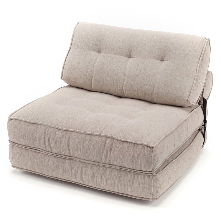 Beige 3-in-1 folding sofa with bolster, convertible to a bed, featuring premium sponge filling and anti-slip bottom.
