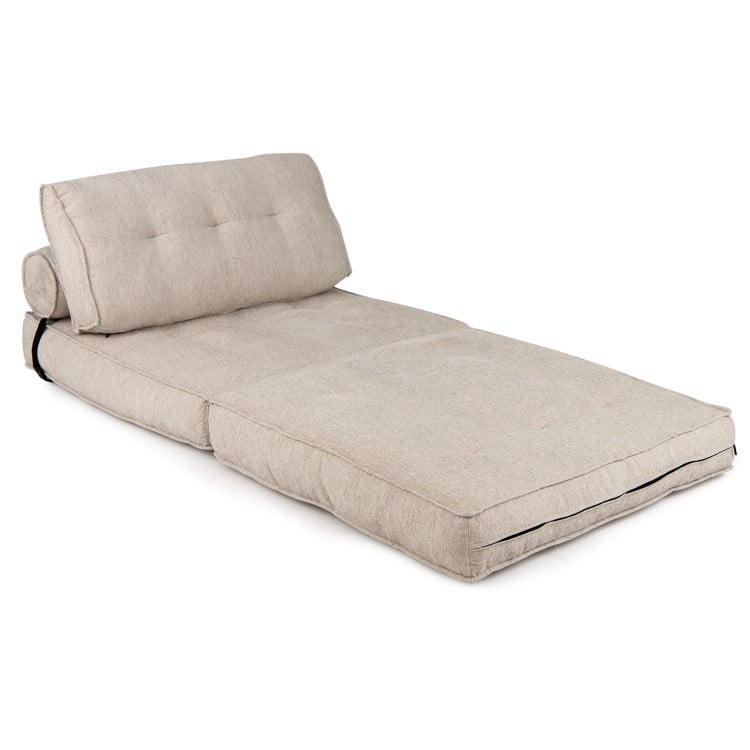 Folding sofa bed in beige with bolster, featuring a 3-in-1 design for versatile use in living rooms or guest rooms.