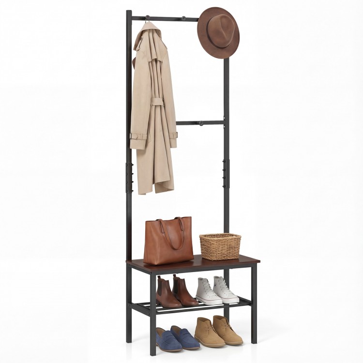 Freestanding 3-in-1 hall tree with hooks and bench, featuring a sturdy metal frame and shoe storage for entryway.