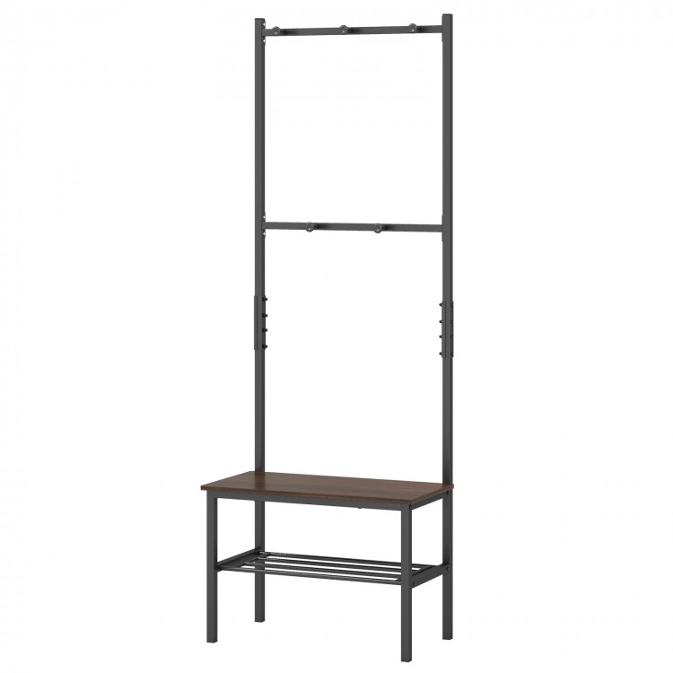 Freestanding entryway bench with hooks and shoe storage, featuring a strong metal frame and industrial design.