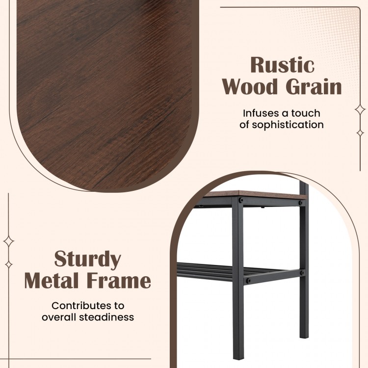 Freestanding entryway bench with rustic wood grain and sturdy metal frame, perfect for organizing coats and shoes.