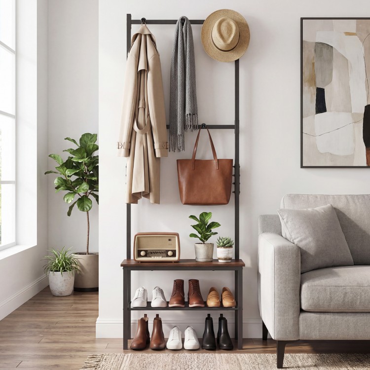 Freestanding hall tree with a shoe storage area and multiple hooks, showcasing an industrial design for stylish.