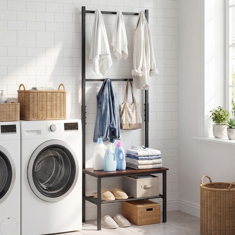 Freestanding 3-in-1 hall tree with hooks and bench, featuring a sturdy metal frame for entryway organization.