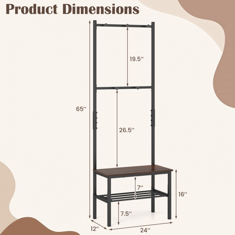 Dimensions of the 3-in-1 hall tree entryway bench with hooks, featuring a sturdy metal frame and shoe storage area.