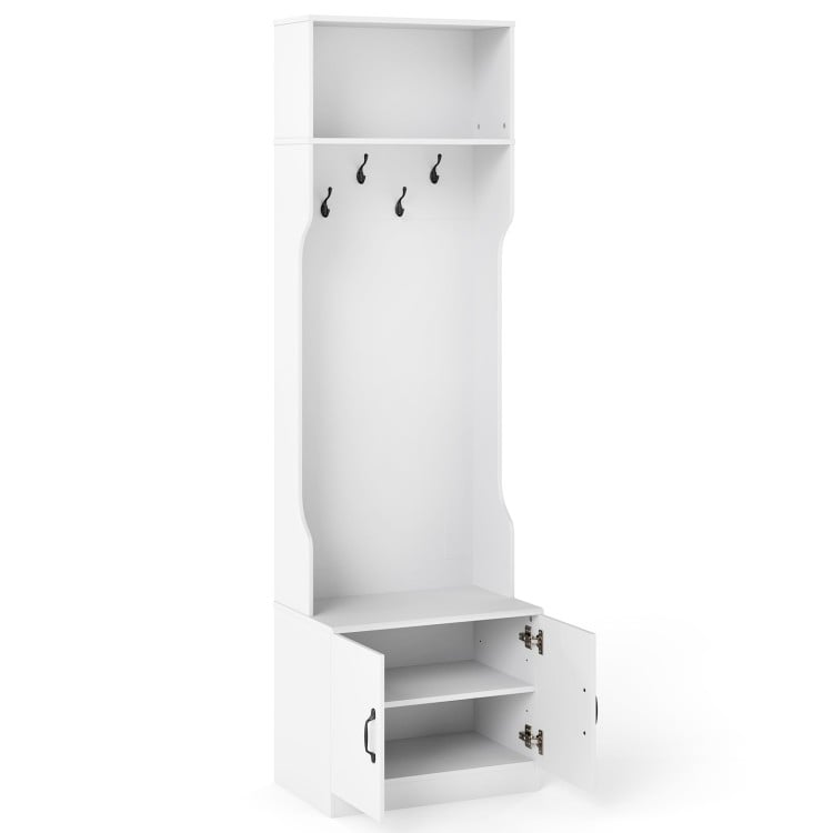 3-in-1 hall tree with bench and storage in white, featuring hooks and adjustable shelves for mudroom organization.