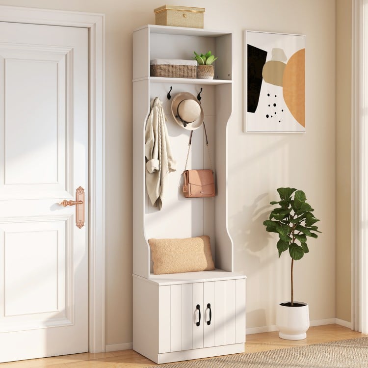 Hall tree with bench in white, showcasing a spacious storage cubby and hooks, perfect for organizing entryway.