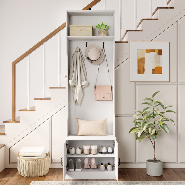 3-in-1 hall tree with bench and storage in white, featuring hooks and adjustable shelves for organized entryway use.