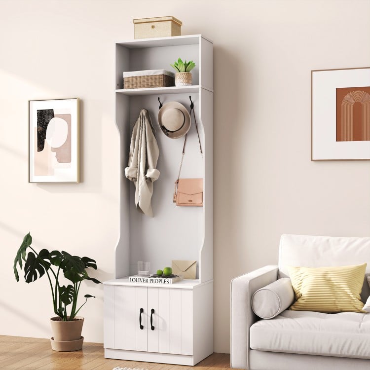 3-in-1 hall tree with bench and storage, featuring multiple hooks and adjustable shelves, ideal for mudroom.