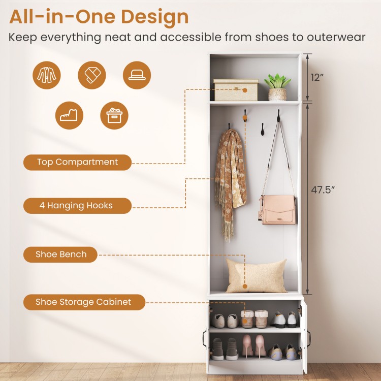 3-in-1 hall tree with bench and storage in white, featuring hooks, adjustable shelves, and shoe bench for mudroom.