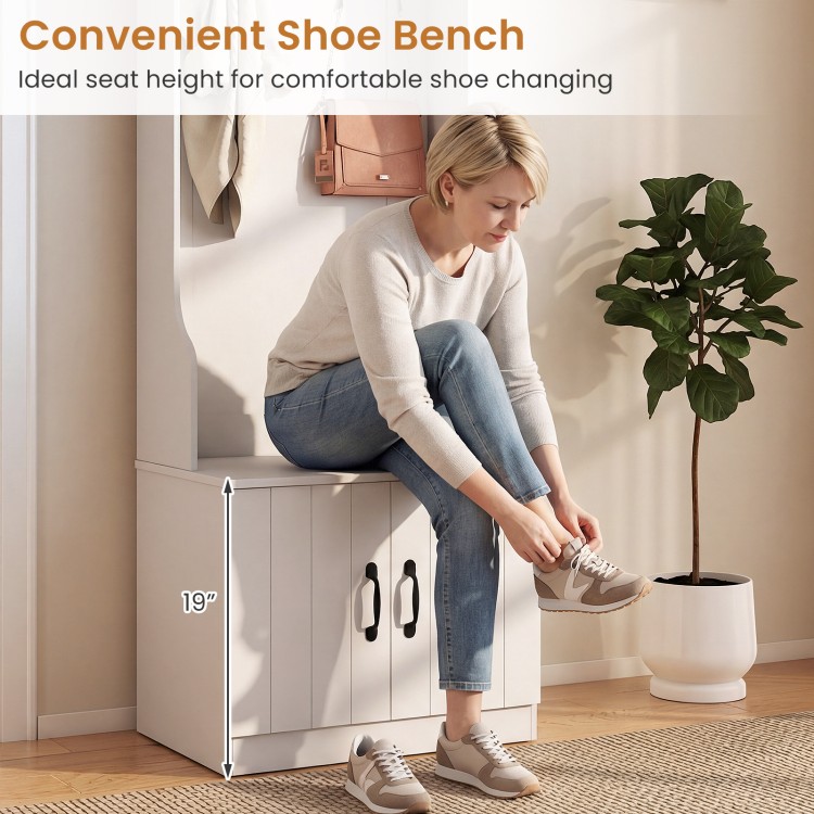 Shoe bench from the 3-in-1 Hall Tree, featuring a 19” seat height for comfortable shoe changing in white finish.