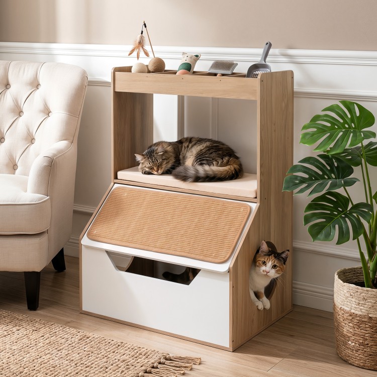 Stylish 3-in-1 hidden cat house cabinet with removable cushion, scratching pad, and storage for living room organization.