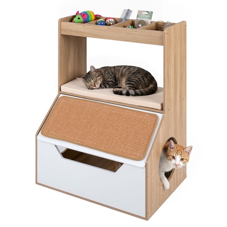 3-in-1 hidden cat house cabinet features a cozy top cushion, side entry holes, and a durable scratching pad for feline fun.