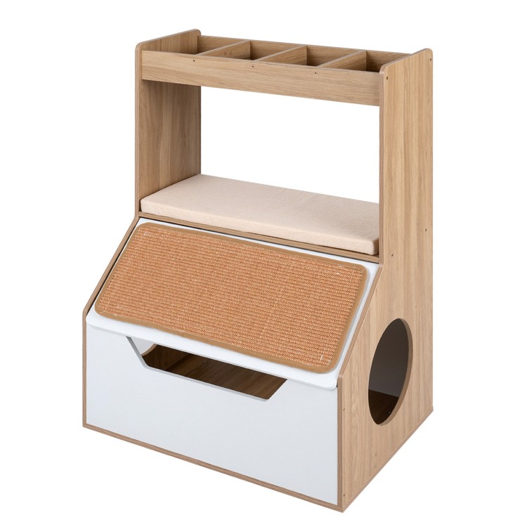 3-in-1 hidden cat house cabinet in natural wood with removable cushion, scratching pad, and four storage cubbies.