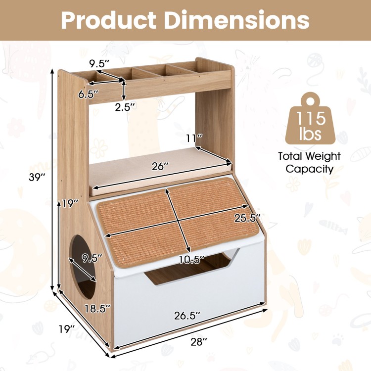 3-in-1 hidden cat house cabinet with 4 cubbies, removable cushion, and scratching pad for organized pet care and comfort.
