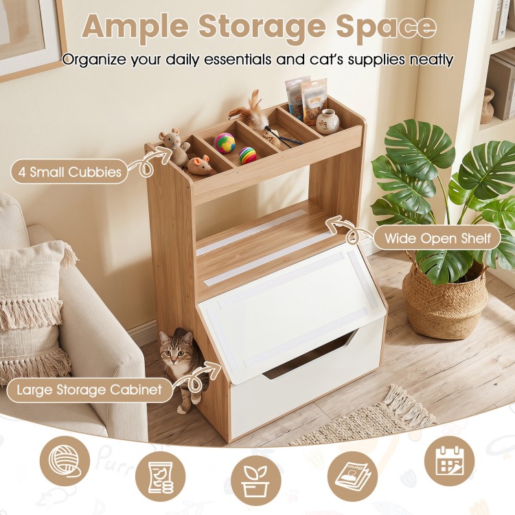 3-in-1 hidden cat house cabinet in natural wood with 4 cubbies, large storage, and removable cushion for pet comfort.