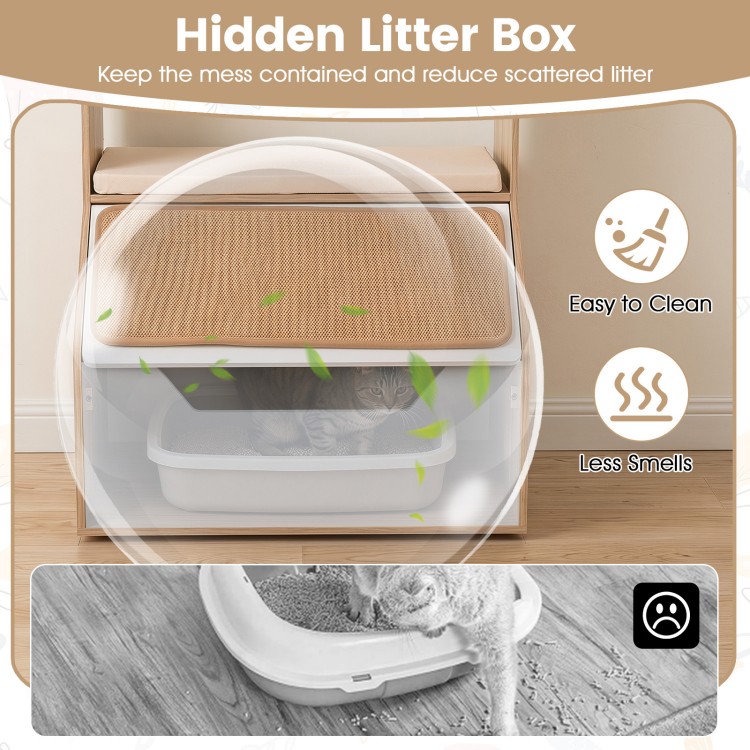 3-in-1 hidden cat house cabinet with removable cushion, scratching pad, and storage cubbies for organized pet essentials.