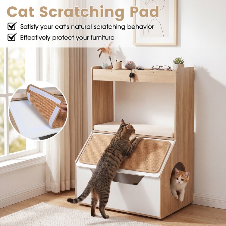 3-in-1 hidden cat house cabinet with scratching pad, removable cushion, and storage for organized pet essentials.
