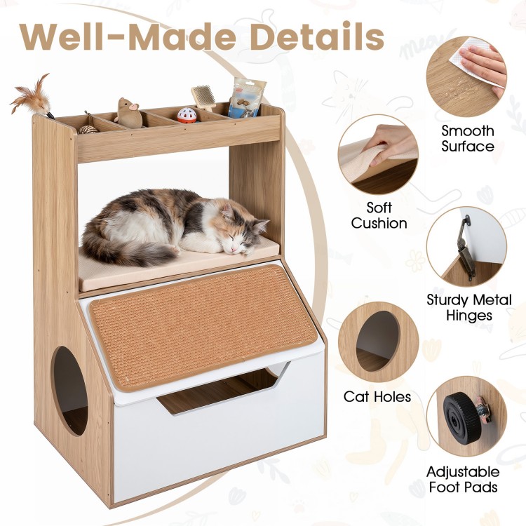 3-in-1 hidden cat house cabinet with removable cushion, scratching pad, and four cubbies for organized pet supplies.