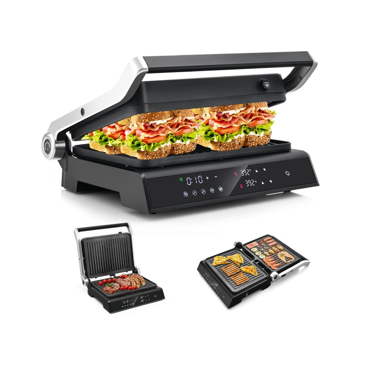 3 in 1 indoor electric panini press grill with LED display, featuring non-stick plates and adjustable lid for versatile.