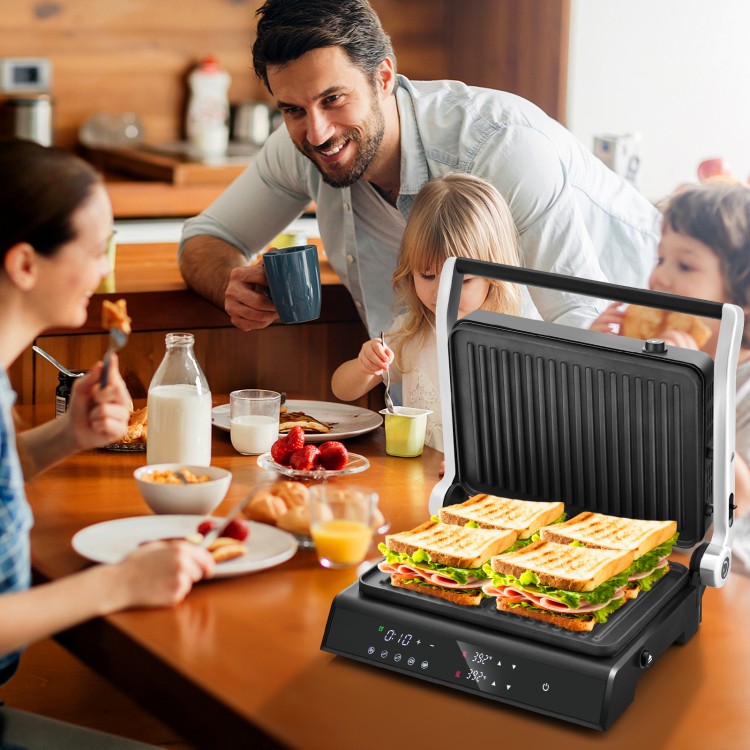 3 in 1 Indoor Electric Panini Press Grill with LED display, showcasing grilled sandwiches for family meals.