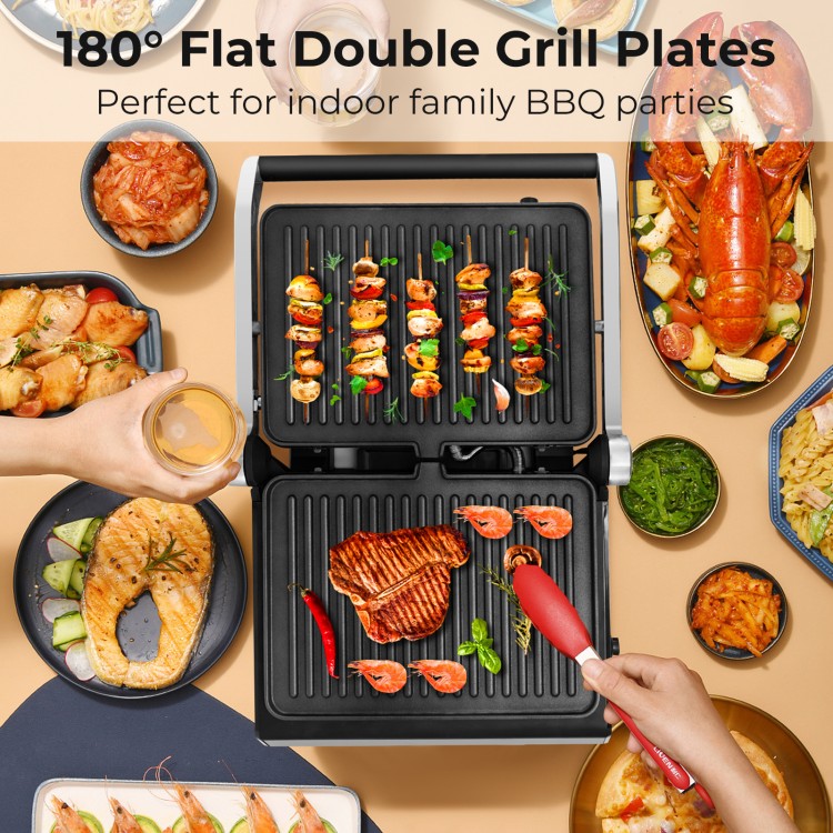 180° flat double grill plates of the 3 in 1 indoor electric panini press, perfect for family BBQ parties.