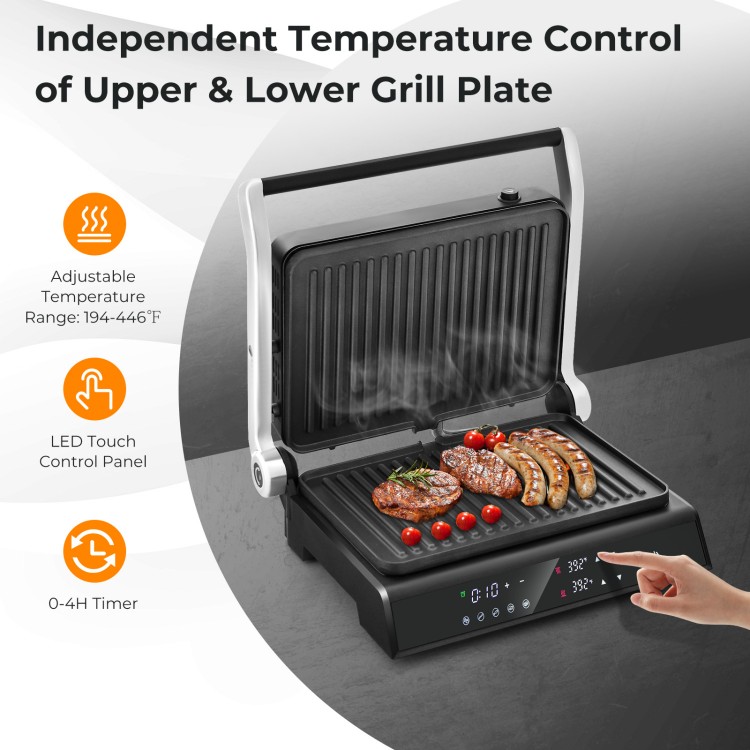Indoor electric panini press grill with LED display, adjustable temperature, and non-stick plates for versatile cooking.