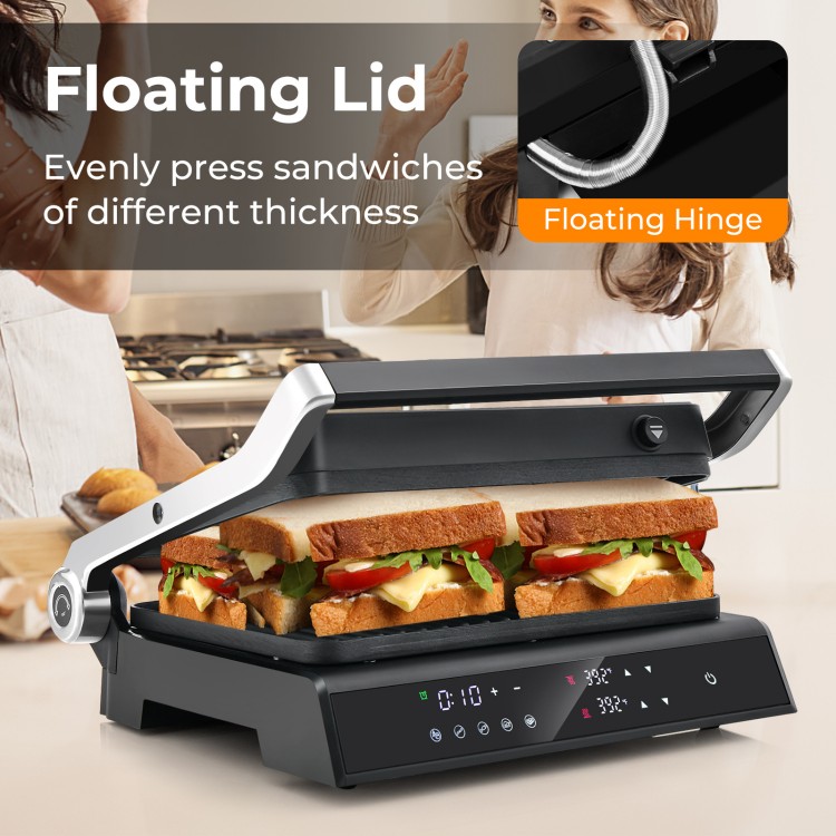 3 in 1 indoor electric panini press grill with floating lid, LED display, and non-stick grill plates for easy cooking.