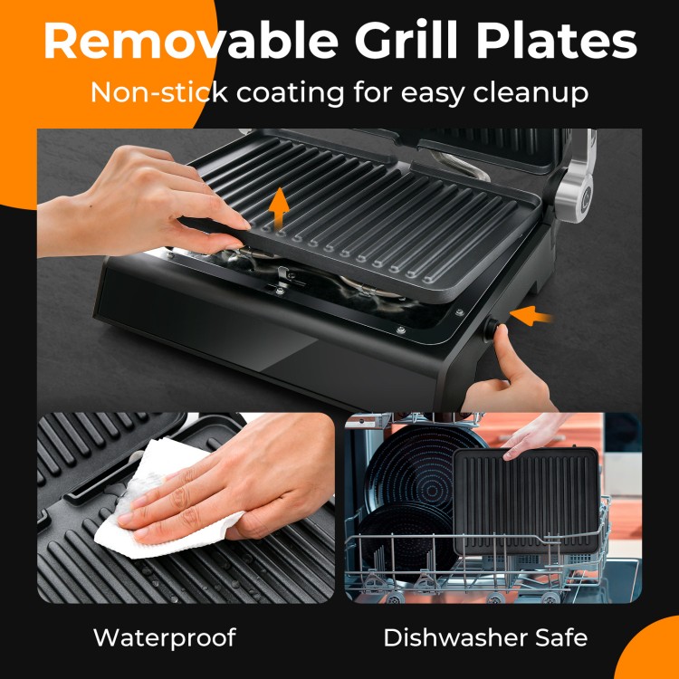Removable non-stick grill plates of the 3 in 1 Indoor Electric Panini Press for easy cleanup and dishwasher safe.