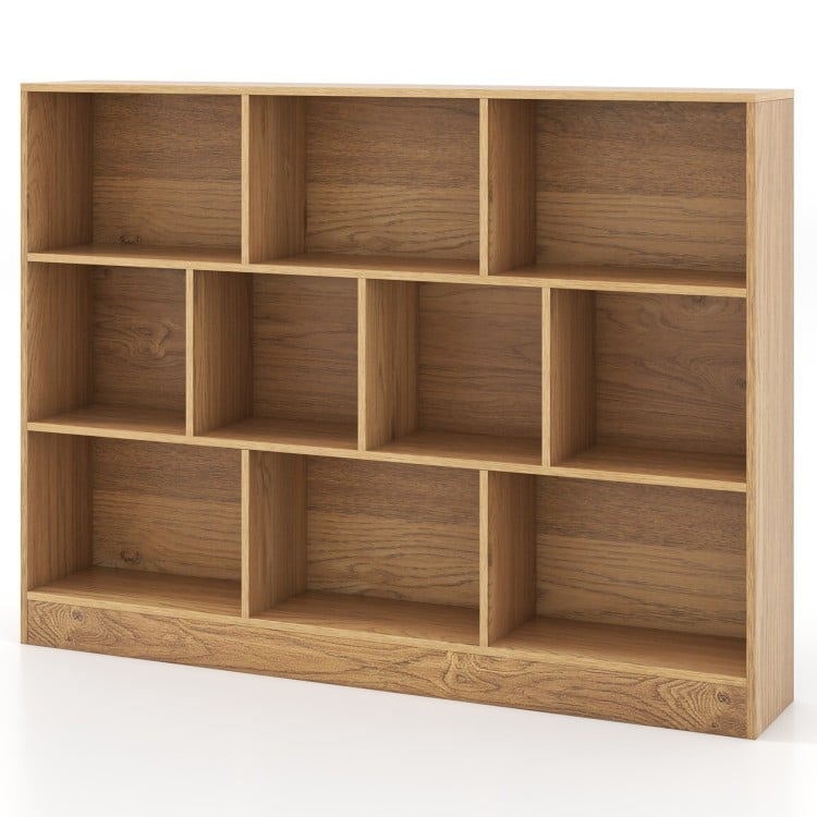 10-cube storage shelf in light wood finish, ideal for organizing toys and books in playrooms or classrooms.