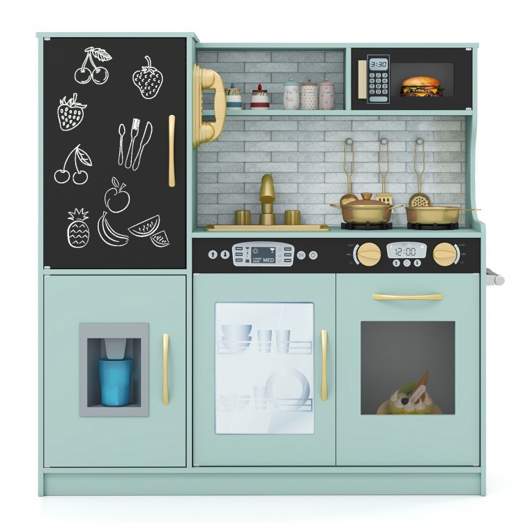 Colorful 3-in-1 kids play and learning center set with kitchen, storage, and sensory activities for ages 3-8.