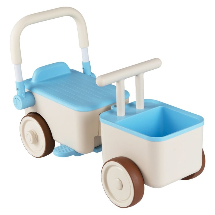 3-in-1 kids ride-on push car in blue with storage basket, ideal for walking, sliding, and organizing toys.